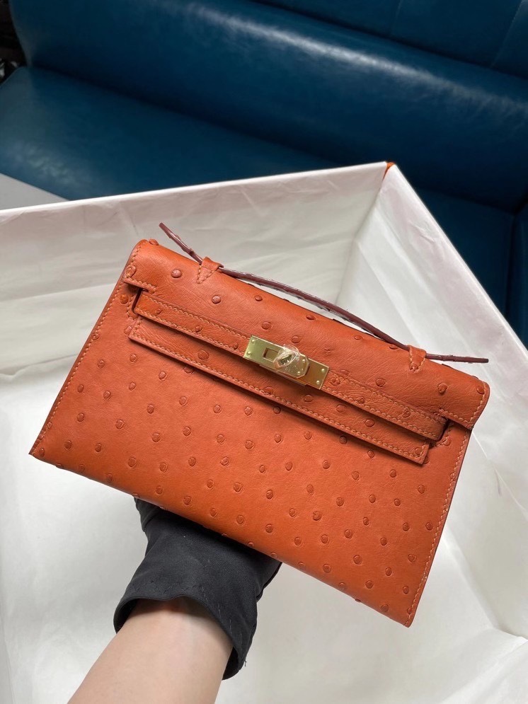 Hermes Mini Kelly Pochette 22cm Bag In Orange Ostrich Leather